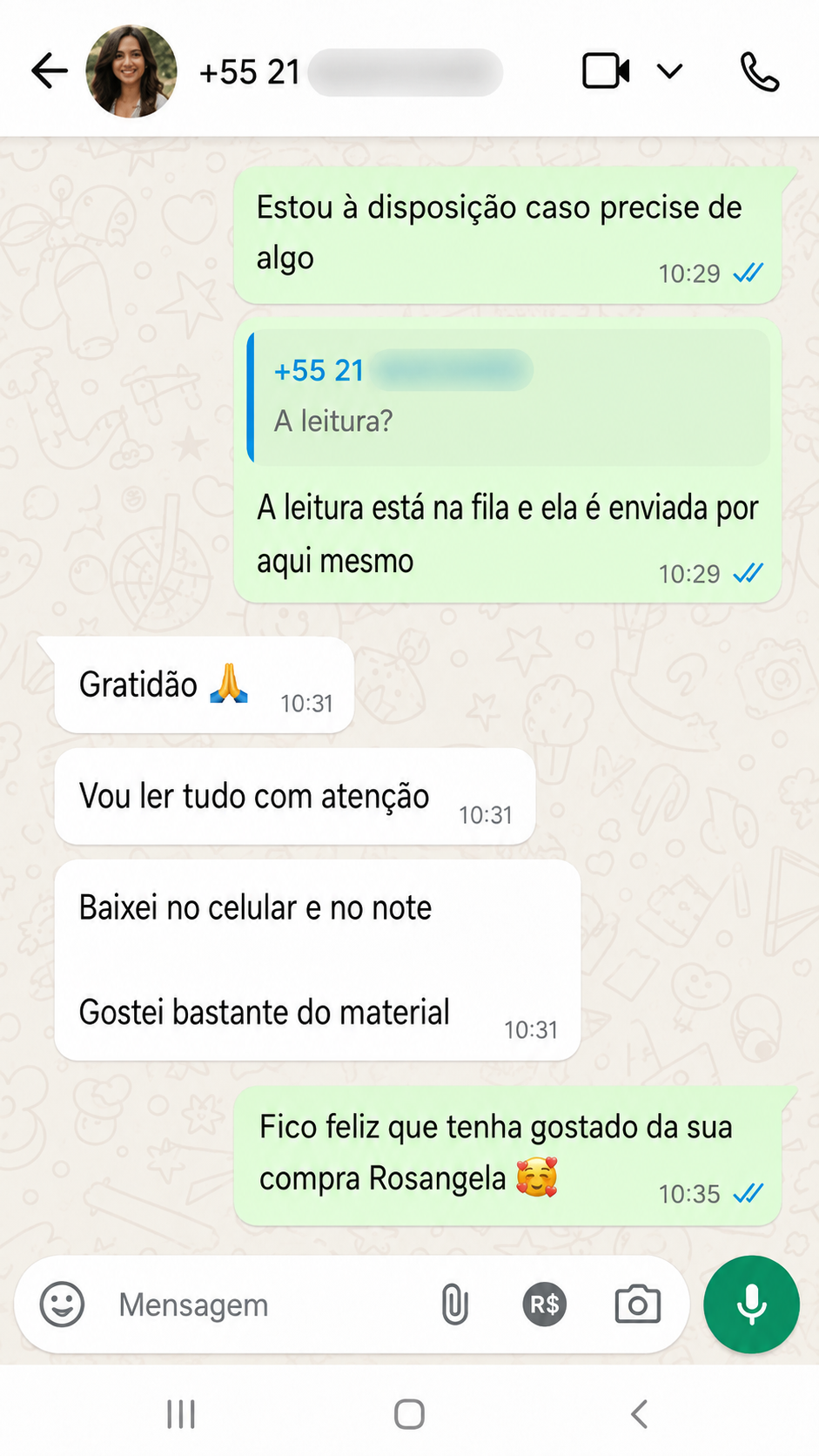 Depoimento de cliente 3 enviado por mensagem