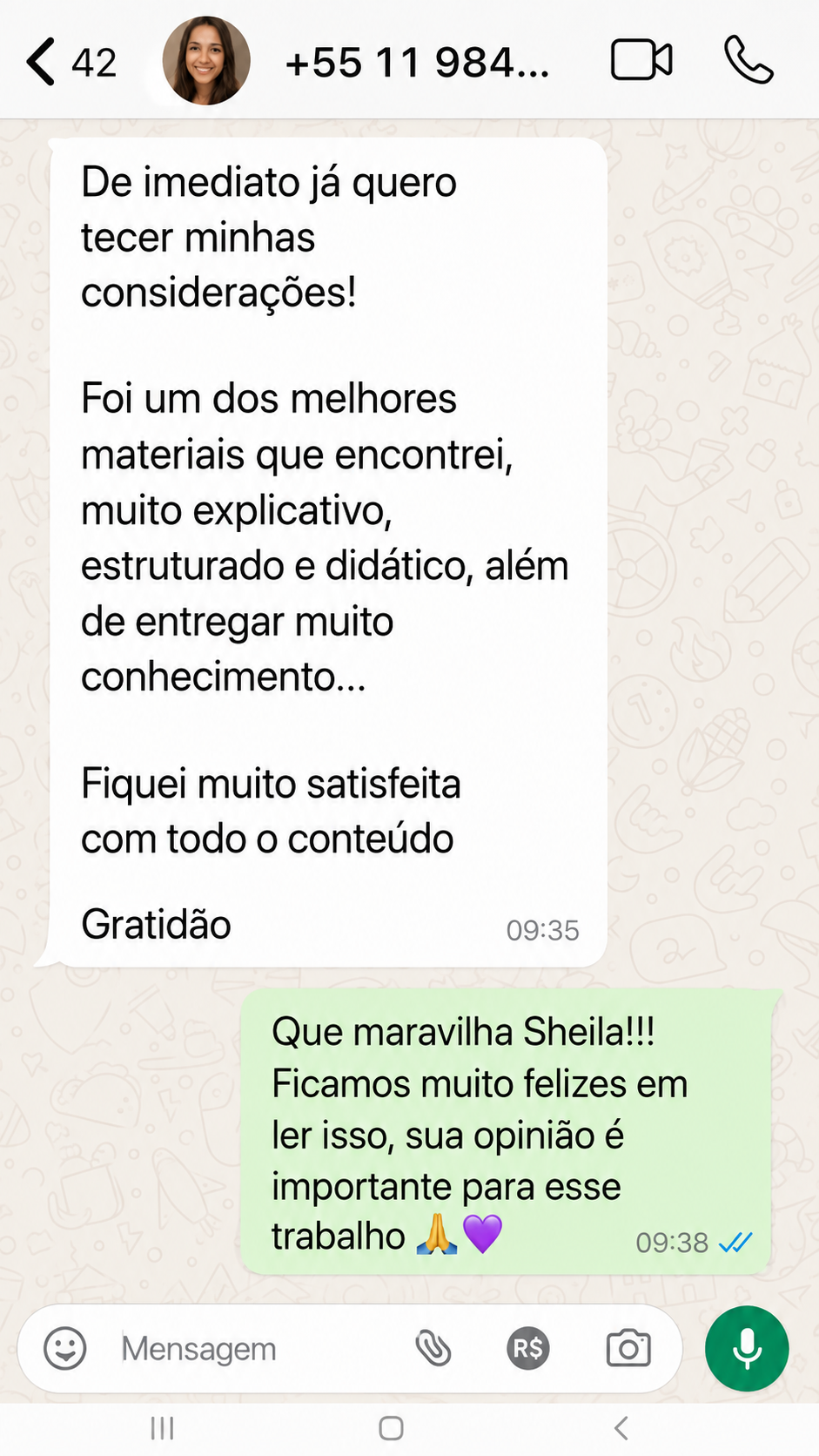 Depoimento de cliente 5 enviado por mensagem